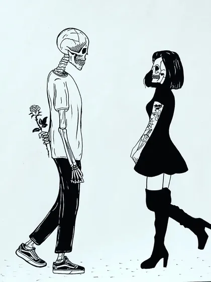 A clean, high-contrast scan of the skeleton couple artwork. This piece is a popular example of my darker, more romantic illustrations, blending themes of love and mortality.