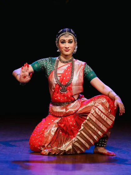 A solo portrait from the Krishna Gana Sabha performance. The classic araimandi (half-seated) posture and clear hand gesture demonstrate my strong technical foundation.