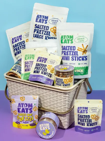 A basket overflowing with an entire product line is a powerful way to showcase variety. For this pretzel brand, we created a vibrant, abundant shot against a colorful backdrop to give a full overview of their offerings in a single, impactful frame.