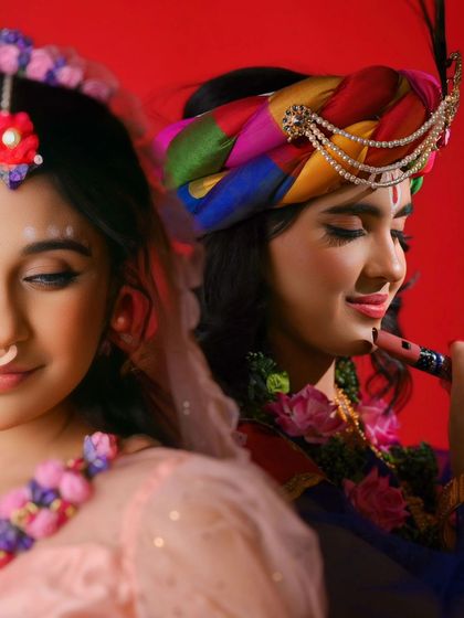 A creative double exposure effect, blending the profiles of Radha and Krishna. This artistic portrait symbolizes their inseparable bond and eternal love.