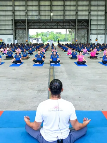 Guiding naval officers into a meditative posture at INS Hansa, Goa. The goal is to teach them how to access a state of calm and awareness, which is a source of immense strength in their line of duty.