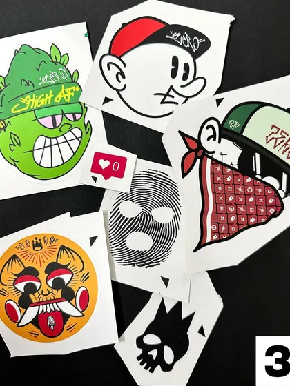 A sticker pack featuring various character designs and graphic illustrations, from a masked face to a cartoonish bud.