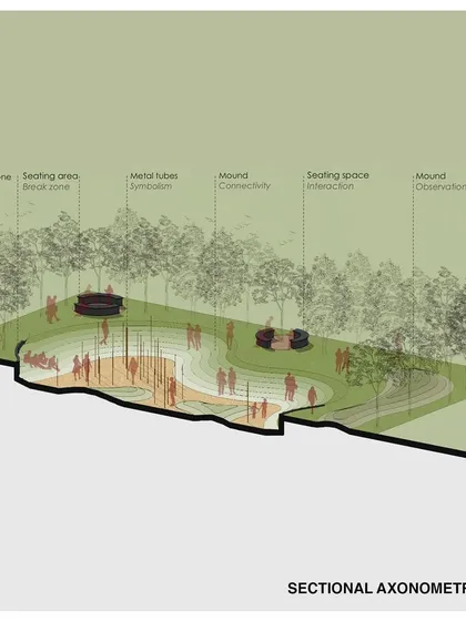 A sectional axonometric drawing of the memorial garden concept. This technical drawing deconstructs the design, labeling key elements like seating zones, symbolic metal tubes, and observation mounds to explain their function and intent.