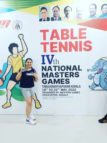 We train champions at every age. Here is Sarika from our academy after winning first place in the women's 30+ category at the National Masters Games in Kerala. Her victory is a testament to her dedication and our professional coaching for adult players.
