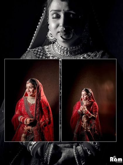 A dramatic and artistic collage of the bride's portraits, with a large black and white close-up overlaid with smaller, colorful images.