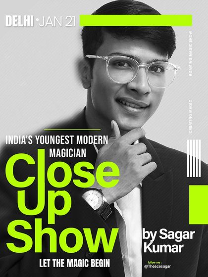 A stylish poster for my close-up show in Delhi. The modern design reflects my approach to magic.
