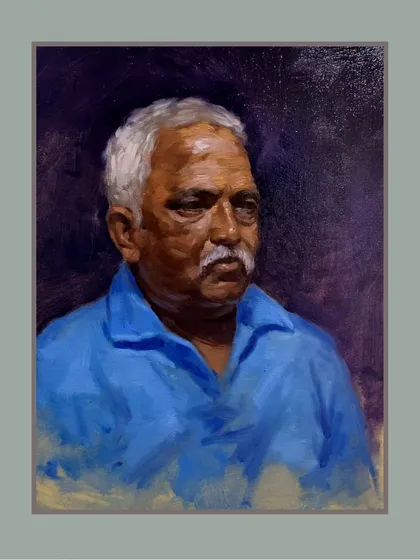 An oil on canvas portrait titled "प्रिय वडील" (Beloved Father). For me, a portrait is more than a likeness; it's about capturing the subject's spirit and presence, creating a timeless piece for a family to cherish.