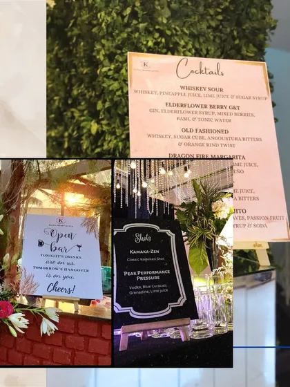 A collage displaying the variety of custom bar menus we can create. From rustic chalkboards to elegant framed prints and modern backlit displays, we design menus that perfectly match your event's style.