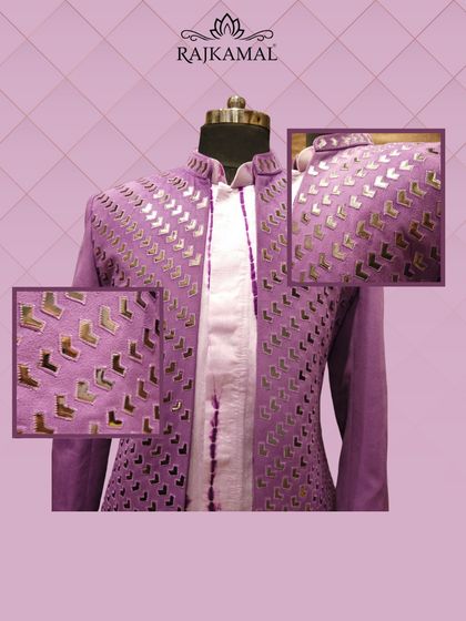 A collage showcasing the details of the purple Indo-Western jacket, including the unique cut-work and collar.