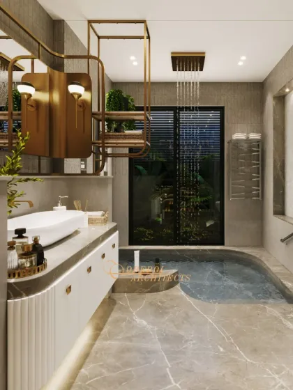 I designed this bathroom as a private spa-like sanctuary. It features a custom sunken tub with a cascading rain shower, warm ambient lighting, and a seamless connection to the outdoors to turn daily rituals into moments of indulgence.