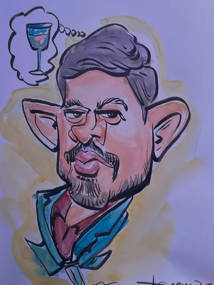This caricature tells a little story with the thought bubble. I use watercolors to add personality and a touch of humor to my custom portraits.