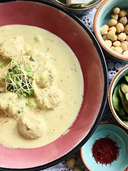 A beautiful bowl of our Chickpea Gnocchi with Creamy Edamame Saffron Sauce. It's a perfect fusion of Italian technique and wholesome, plant-based ingredients.