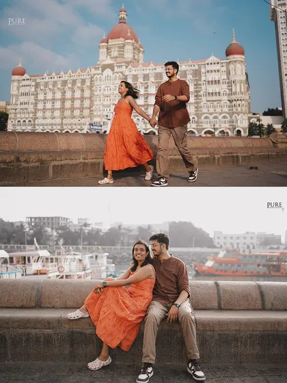 A two-part story showing Nikit and Anusha's day in Mumbai. The top frame captures them walking hand-in-hand in front of the Taj Mahal Palace Hotel, while the bottom shows a quiet moment by the sea.