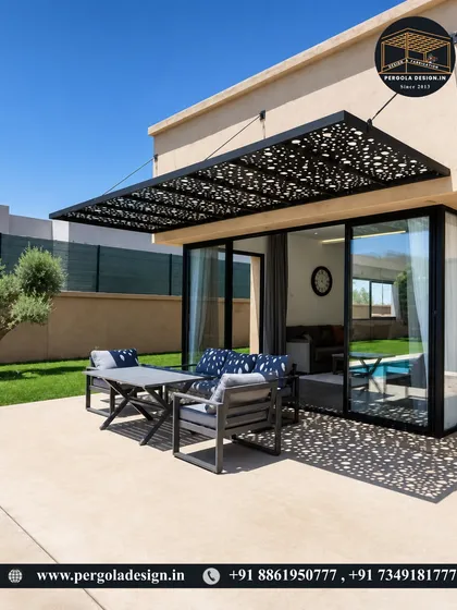 This suspended pergola with a laser-cut pattern creates a stylish and functional patio cover. The design provides shade for the outdoor seating area while casting artistic shadows that enhance the ambiance.