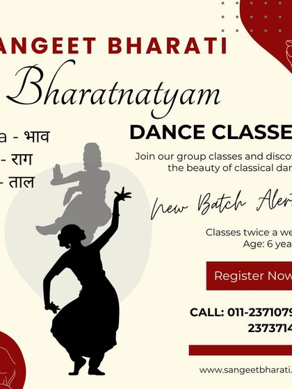 Our new batch alert for Bharatnatyam classes. This graphic explains the core components of the dance: `Bhaav` (expression), `Raag` (melody), and `Taal` (rhythm).