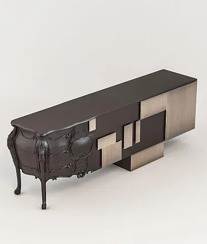 This angle showcases the unique pictograph-like design of the Abacus Sideboard, where classic carving transitions into a contemporary, geometric form.
