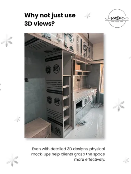 While 3D views are helpful, physical mock-ups allow clients to grasp the scale and feel of a space much more effectively. This mock-up of a kitchen unit helps confirm dimensions and functionality in a way a screen cannot.