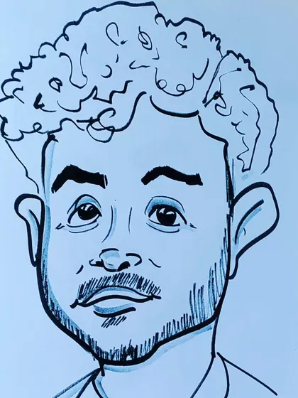 A caricature of a man with curly hair. Not bad for a quick sketch.