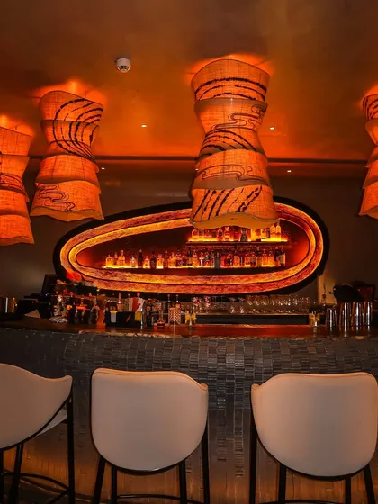 The stunning bar at Donmai, giving my followers a full view of the restaurant's impressive design.