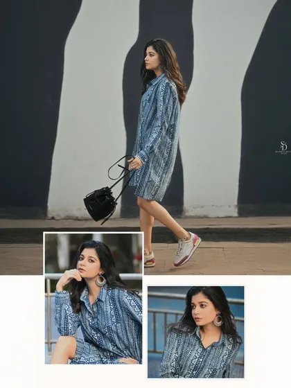 A collage from the same summer shoot, showing the model in motion and in posed portraits. This format gives a comprehensive look at the outfit and its versatility.