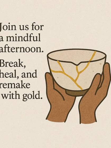 An invitation to a mindful afternoon of breaking, healing, and remaking with gold. This image captures the hands-on, restorative nature of the Kintsugi process.