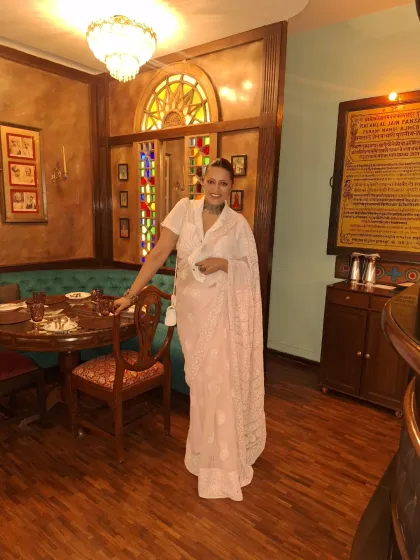 Here’s how you can shop your own wardrobe. I’ve styled this classic white Chikankari saree from Abu Jani Sandeep Khosla with a crisp white linen shirt instead of a blouse, adding oxidized jewelry for a modern-vintage fusion.