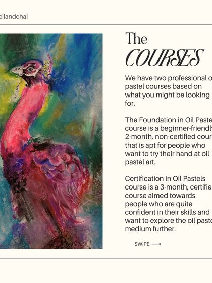 We offer a 2-month foundation course for beginners in oil pastels and a 3-month certification course for those who want to explore the medium further, creating expressive works like this peacock.