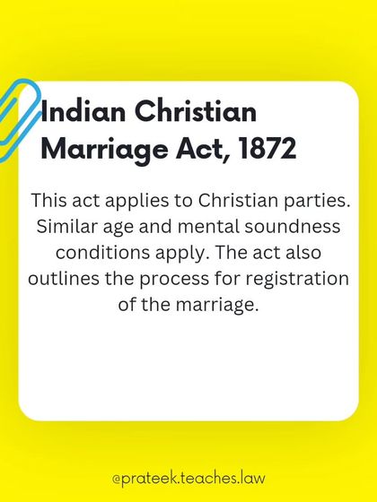 The Indian Christian Marriage Act, 1872, outlines the legal process for Christian marriages. I explain the conditions regarding age, mental soundness, and registration.