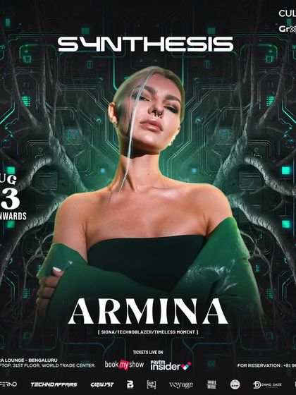 A poster for "Synthesis," a techno event with DJ Armina. The design uses futuristic, cyberpunk-inspired graphics to match the high-tech sound of the music.