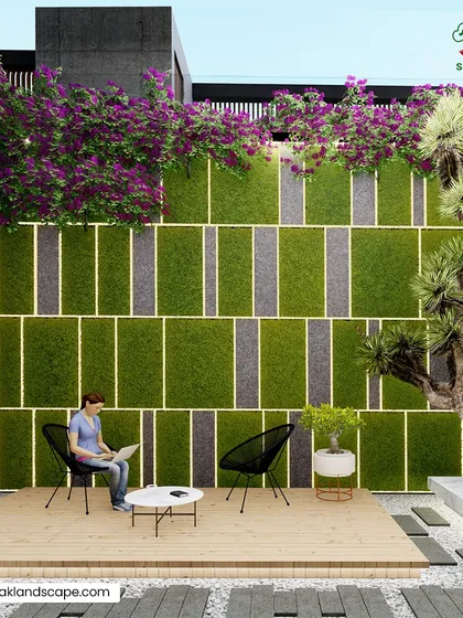 A perfect example of modern, sustainable design for a compact urban space. This terrace features a stunning vertical garden with integrated LED lighting, creating a living art piece that provides a lush green backdrop for the contemporary seating area and wooden deck.