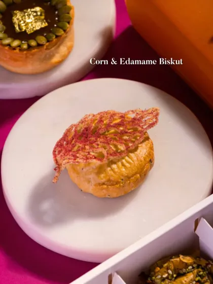 A Corn & Edamame Biskut topped with a delicate, crispy lattice. This savory pastry is another example of how I reinvent traditional concepts with modern ingredients and techniques.