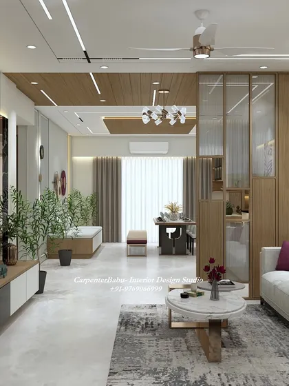 A wide view of the open-plan living area, showing how glass and wood partitions can define spaces while maintaining a sense of openness.