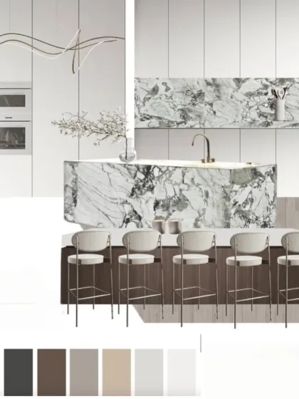 This mood board for a modern kitchen showcases a luxurious combination of white marble, sleek white cabinets, and warm wood accents. The color palette at the bottom helps define the overall tone.