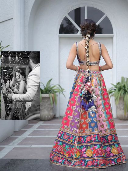 A creative shot focusing on the back of the bride's colorful lehenga and her intricate parandi, with a small black and white photo inset.