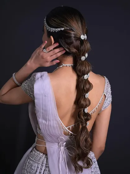A back view of the bubble braid, showing the beautiful diamond accessories and the clean, modern lines of the style.