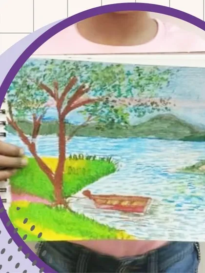 A lovely landscape drawn with oil pastels. This medium is perfect for beginners as it's direct, vibrant, and allows for beautiful blending, as seen in the water and sky.