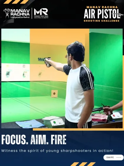 Focus. Aim. Fire. A shooter demonstrates intense concentration during our Air Pistol Challenge. We train our athletes to maintain a steady hand and a clear mind.
