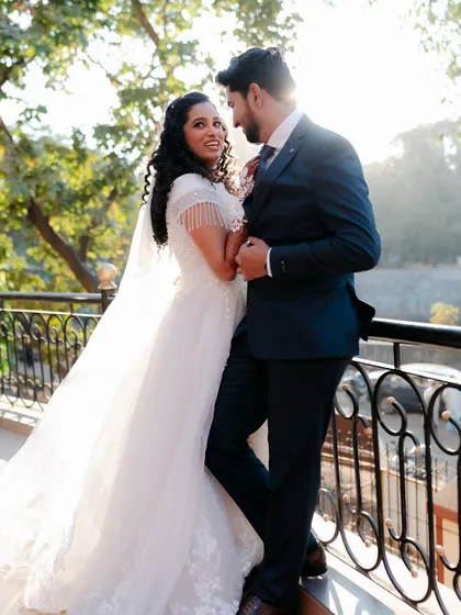 A romantic portrait of the couple. The bride's makeup is designed to look soft and beautiful in natural light.