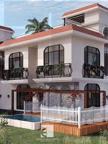 We designed this backyard for a holiday villa in Tungarli, Lonavala, to be a private oasis. It features a personal swimming pool surrounded by a wooden deck and a small garden space. Our goal was to create a seamless transition from the home's interior to a functional area for leisure and entertainment.