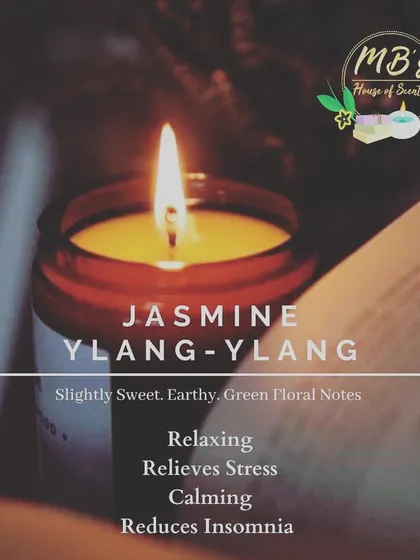 This graphic explains the benefits of my Jasmine Ylang-Ylang fragrance. It's a slightly sweet, earthy floral scent known for its relaxing and stress-relieving properties, perfect for creating a calm atmosphere.