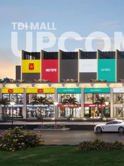 This render shows the vibrant and colorful branding possibilities on the upper levels, set against a dark, modern facade.