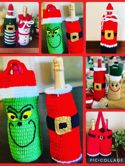 A collage showing the full range of my unique Christmas wine bottle covers.