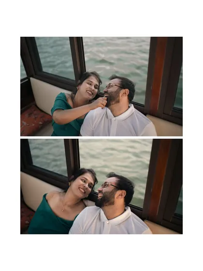 A diptych capturing playful and loving moments inside a boat on the lake in Udaipur. These candid shots show the easy comfort and teasing nature of their relationship.