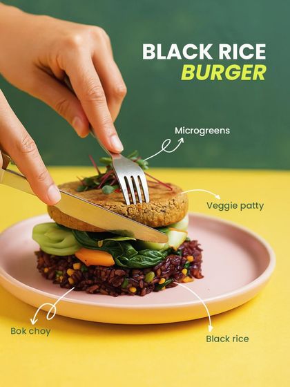 This is not your average burger. Our Black Rice Burger features a veggie patty on a bed of antioxidant-rich black rice, topped with fresh bok choy and microgreens. It's a unique, nutrient-dense meal you'll love.