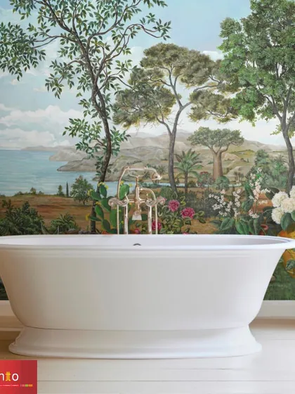 The 'Baobab' wallpaper by Nobilis turns this bathroom into a lush, exotic escape. The panoramic scene of resilient nature, from blooming flowers to serene water, creates a story of life and beauty.