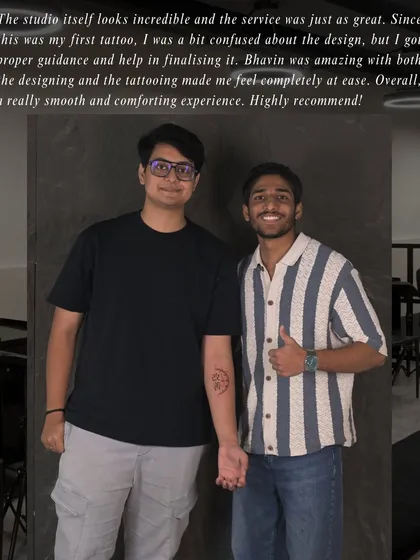 "Since this was my first tattoo, I was a bit confused about the design, but I got proper guidance and help in finalising it." Our artist Bhavin with a happy client, Vineet.