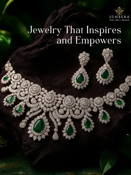 This image showcases an inspiring emerald and diamond necklace set. The intricate floral and paisley motifs are encrusted with diamonds and accented with deep green emeralds, creating a piece that empowers and inspires.