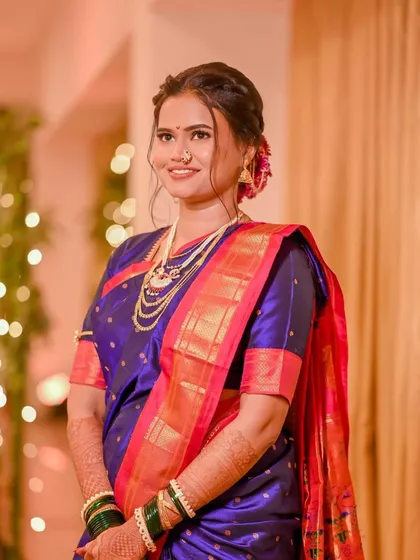 A glowing bride in a royal blue saree. This look was created without a trial, showcasing the trust my clients have in my ability to deliver their dream look.