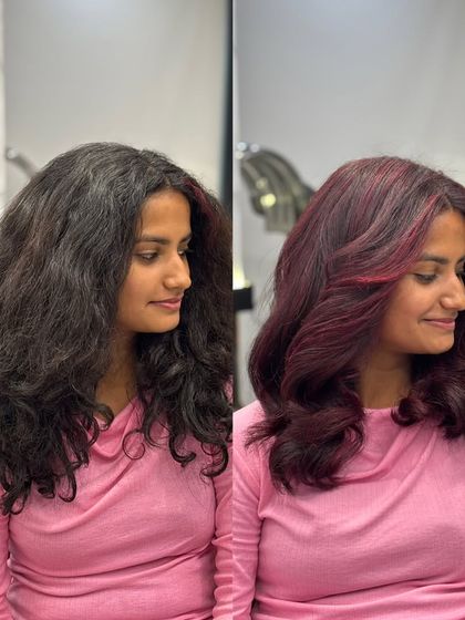 A side view of the global red look, highlighting the subtle layers and intense shine.