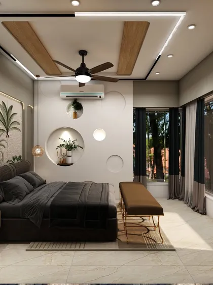 This is a 3D visualization of a luxury master bedroom where comfort meets contemporary design. We focused on a serene atmosphere with unique wall textures, layered lighting, and a nature-inspired theme to create a perfect personal retreat.